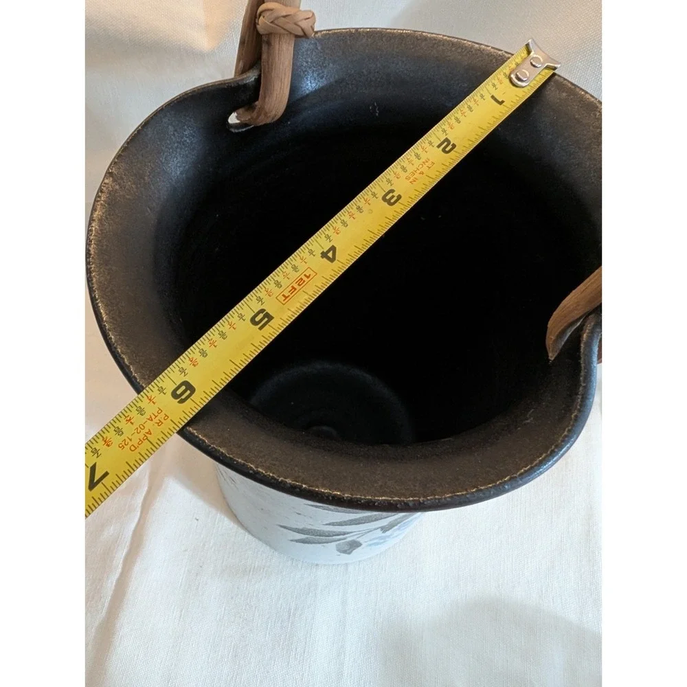 Pottery Wine Bottle‎ Cooler Vase Stoneware Basket w/ Rattan Handle Stamped
